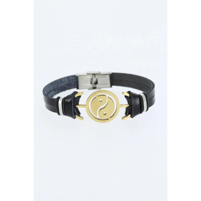 Gold Renk Yin Yang Figürlü Metal Aksesuarlı Siyah Renk Deri Erkek Bileklik