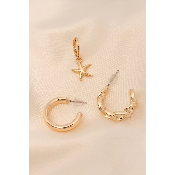 Gold Renkli Metal Minimal Deniz Yıldızı Burgu Detaylı Yarım Halka Küpe Seti