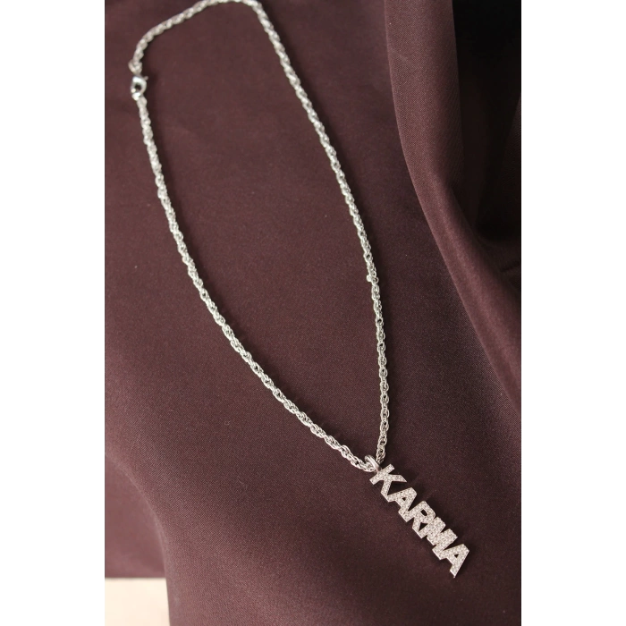 Gümüş Renkli Zirkon Taşlı Karma Yazılı Kolye