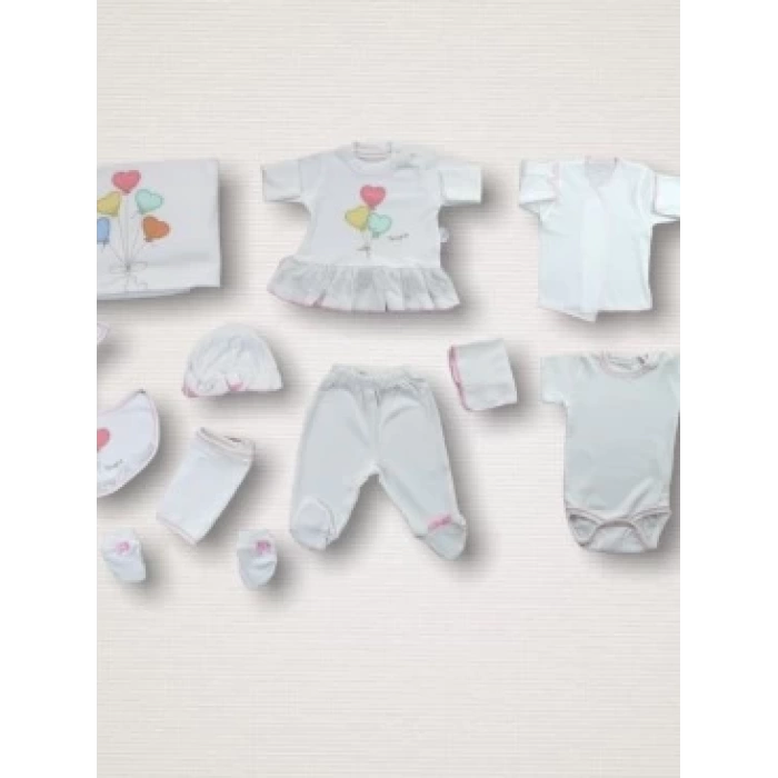 Kalpli Uçan Balon Nakışlı %100 Cotton Antibakteriyel 10lu Zıbın Takımı Hastane Çıkışı