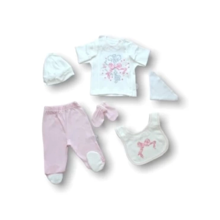 Kanaviçe Nakışlı %100 Cotton Antibakteriyel 5li Zıbın Takımı Hastane Çıkışı