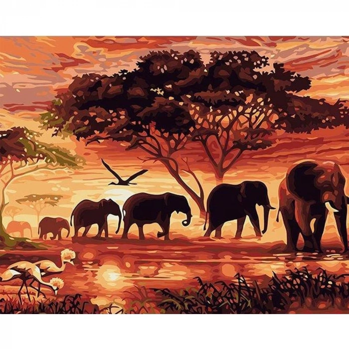 Kanvas Sayılarla Boyama Seti Kasnaklı-çerçeveli Savan Ağacı Ve Filler Afrika