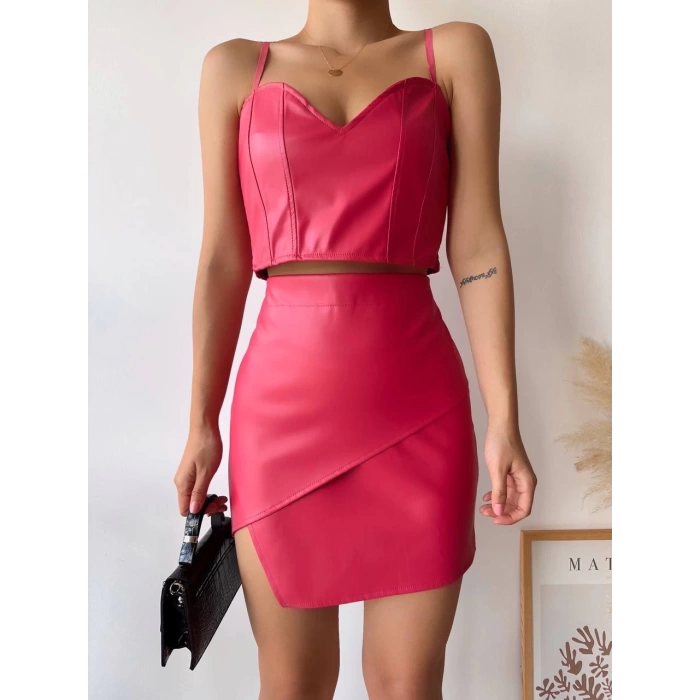 Kapaklı asimetrik model deri etek pembe s240106