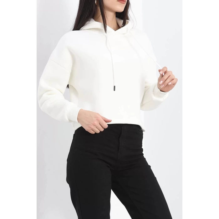 Kapşonlu 3 İplik Crop Sweat Ekru - 20969.1878.