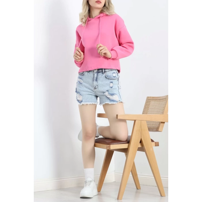 Kapşonlu 3 İplik Crop Sweat Pembe - 20969.1878.