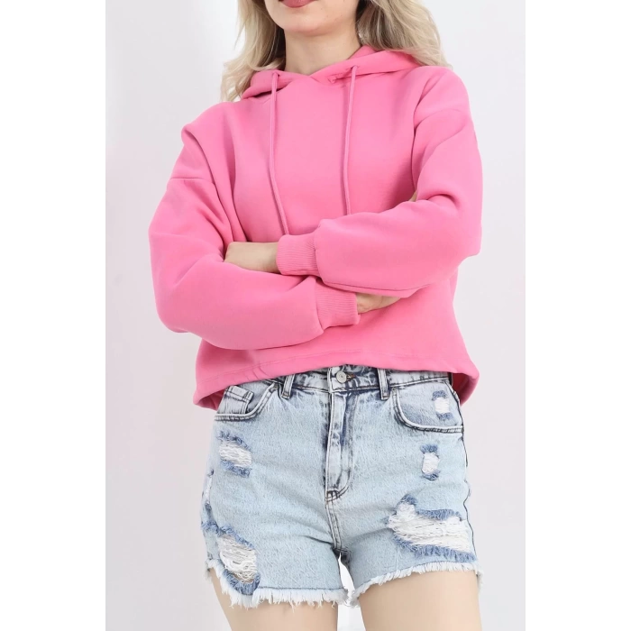 Kapşonlu 3 İplik Crop Sweat Pembe - 20969.1878.