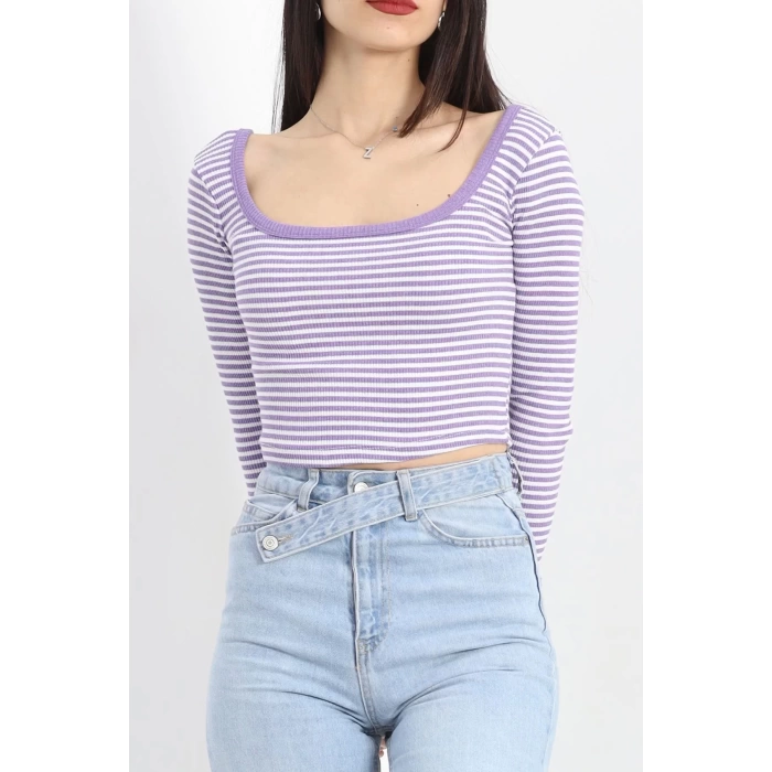 Kare Yaka Çizgili Crop Body Lila - 19336.1567.