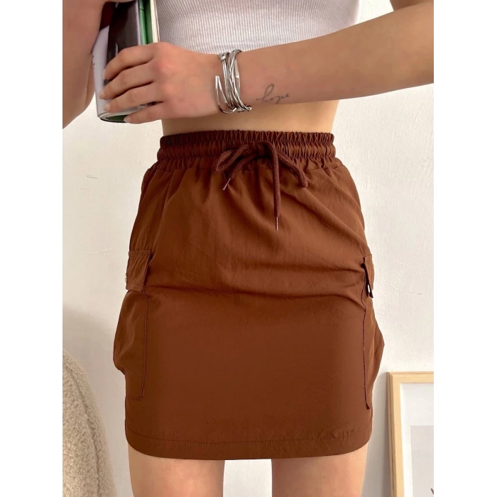 Kargo cep ince paraşüt etek kahve s241019