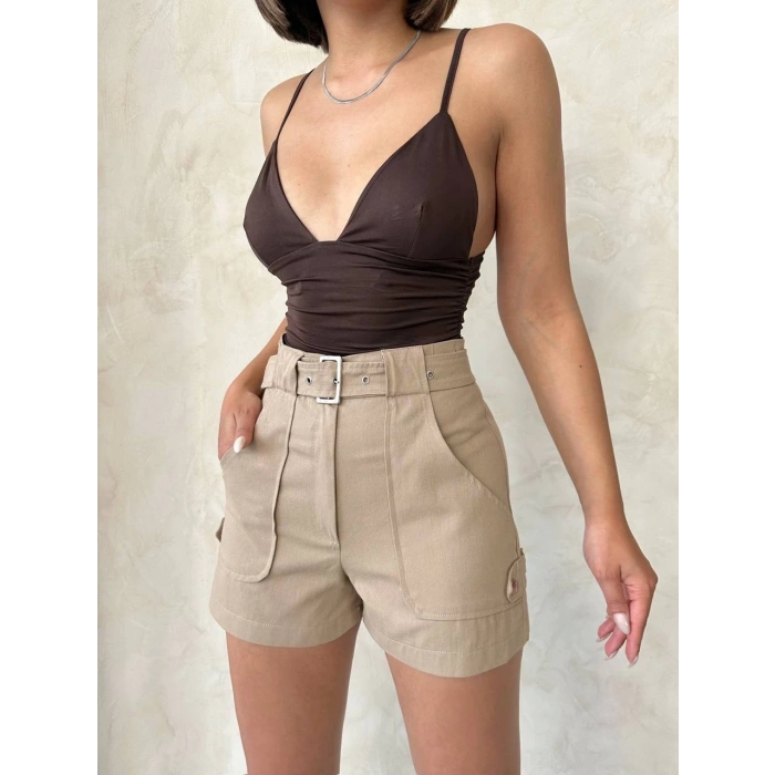 Kemer detaylı gabardin şort bej s25289
