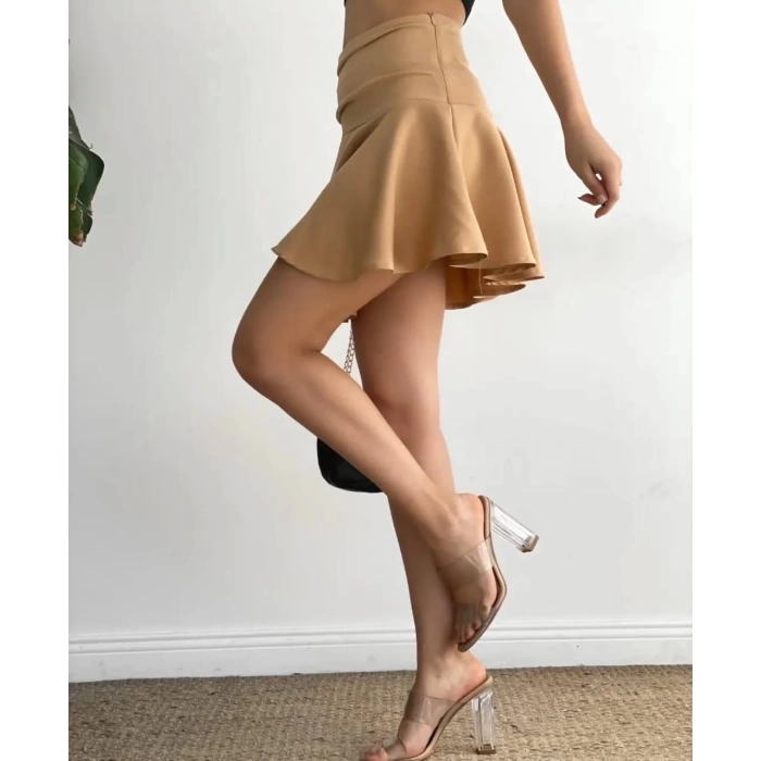 Kemerden büzgülü etek camel