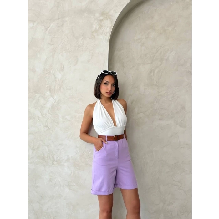 Kemerli gabardin şort lila s25735