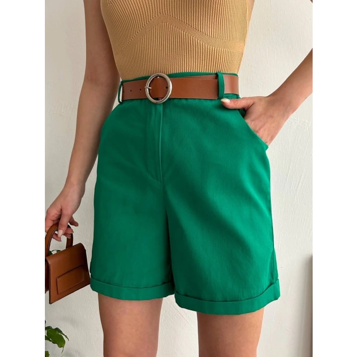 Kemerli gabardin şort yeşil s25735
