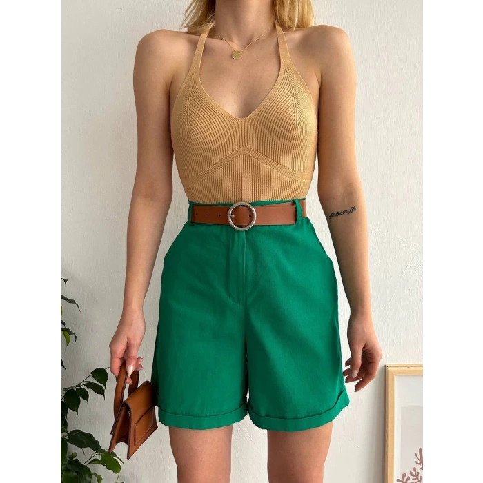 Kemerli gabardin şort yeşil s25735