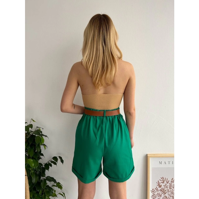 Kemerli gabardin şort yeşil s25735