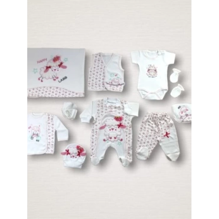 Kıvırcık Kuzu Nakışlı %100 Cotton Antibakteriyel 10lu Zıbın Takımı Hastane Çıkışı