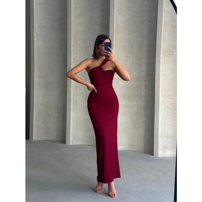Krinkıl tek omuz uzun elbise bordo s25455