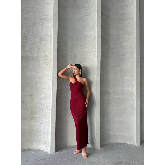 Krinkıl tek omuz uzun elbise bordo s25455