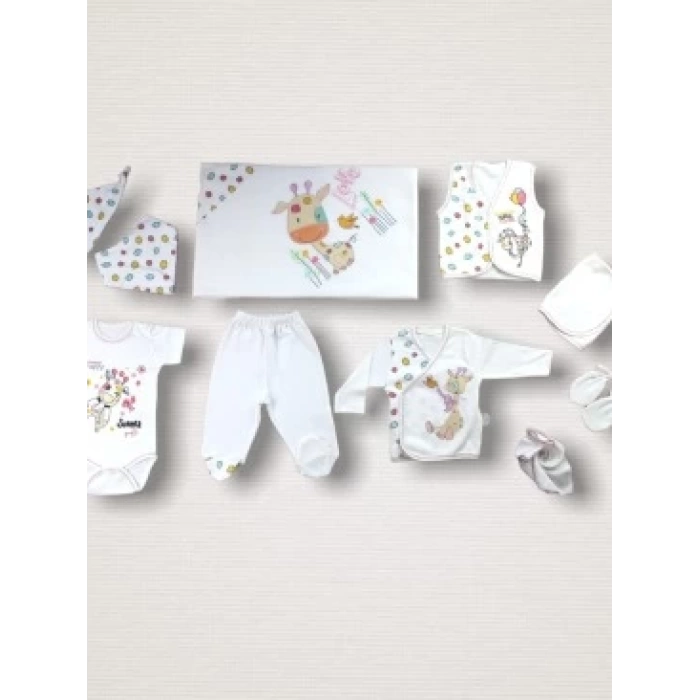 Love Zürafa Nakışlı %100 Cotton Antibakteriyel 10lu Zıbın Takımı Hastane Çıkışı
