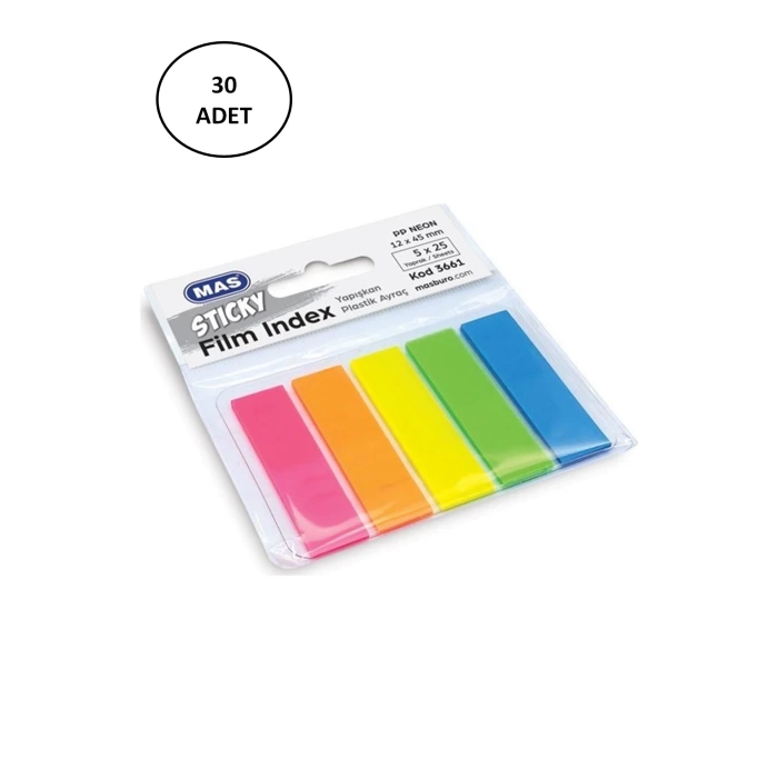 Mas 3661 Sticky Film Index Renki 12x45 Pp Dörtgen Yapışkan Sticker 30 Adet