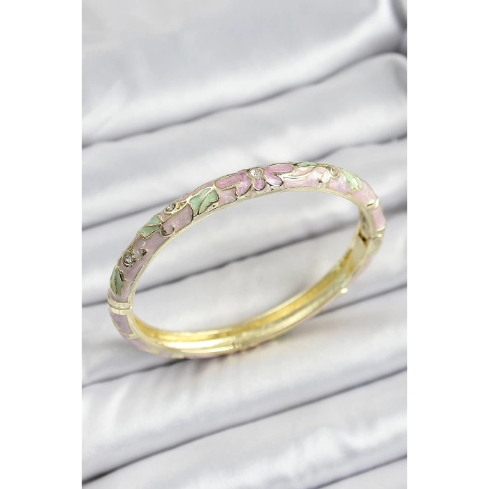 Mineli Pirinç Çiçek Motif Pembe Renk Kadın Kelepçe
