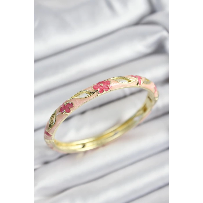 Mineli Pirinç Pembe Çiçek Motifli Gold Renk Kadın Kelepçe