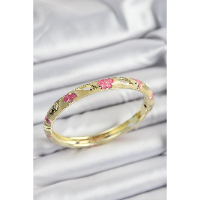 Mineli Pirinç Pembe Ve Hardal Çiçek Motifli Gold Renk Kadın Kelepçe
