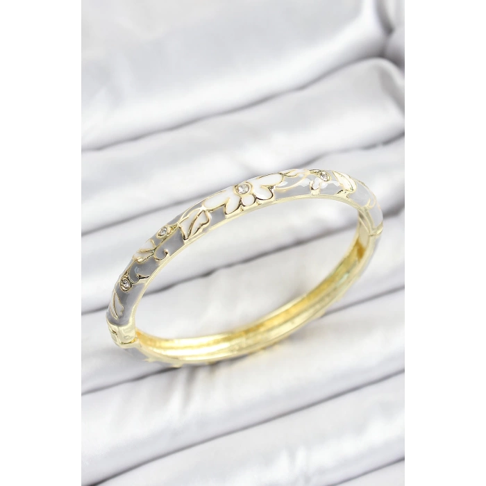 Mineli Pirinç Zirkon Taşlı Gri Çiçek Desenli Gold Renk Kadın Kelepçe