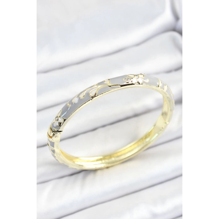 Mineli Pirinç Zirkon Taşlı Gri Çiçek Desenli Gold Renk Kadın Kelepçe
