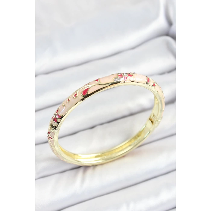 Mineli Pirinç Zirkon Taşlı Kırmızı Çiçek Desenli Gold Renk Kadın Kelepçe
