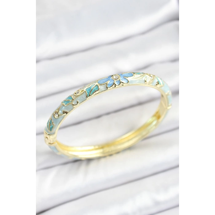 Mineli Pirinç Zirkon Taşlı Mavi Çiçek Desenli Gold Renk Kadın Kelepçe