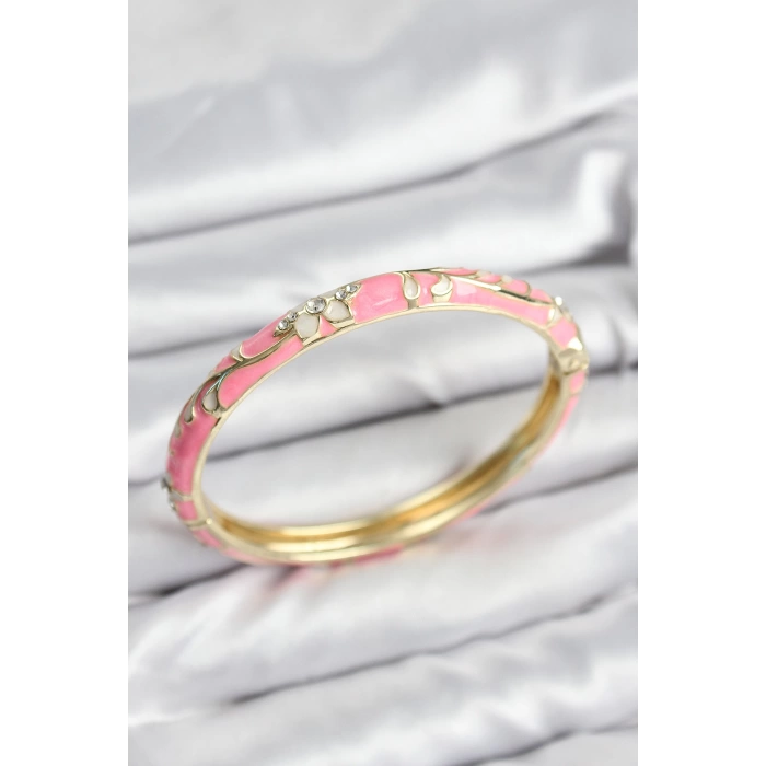 Mineli Pirinç Zirkon Taşlı Pembe Çiçek Motifli Gold Kadın Kelepçe