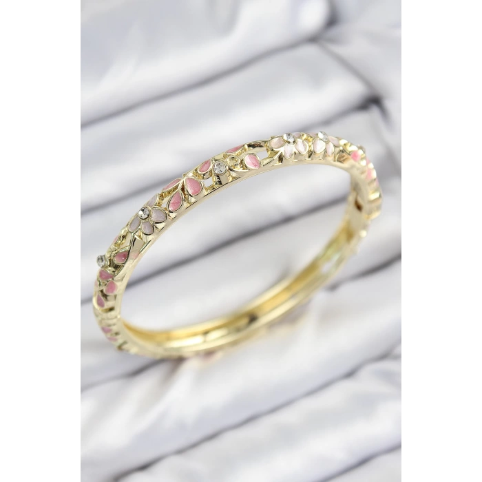 Mineli Pirinç Zirkon Taşlı Pembe Çiçek Motifli Gold Kadın Kelepçe