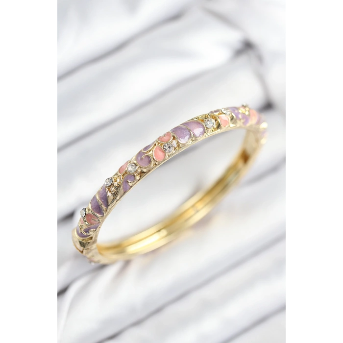 Mineli Pirinç Zirkon Taşlı Pembe Mor Çiçek Motifli Gold Kadın Kelepçe