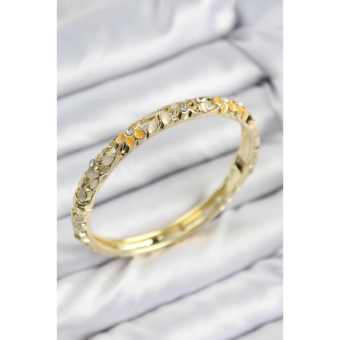 Mineli Pirinç Zirkon Taşlı Sarı Krem Çiçek Motifli Gold Kadın Kelepçe