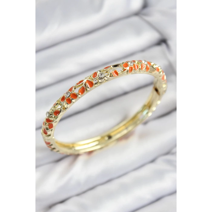 Mineli Pirinç Zirkon Taşlı Turuncu Çiçek Motifli Gold Kadın Kelepçe