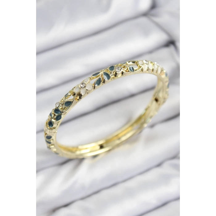 Mineli Pirinç Zirkon Taşlı Yeşil Krem Çiçek Motifli Gold Kadın Kelepçe