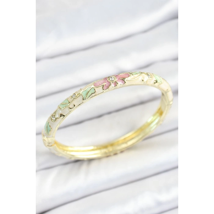Mineli Pirinç Zirkon Taşlı Yeşil Pembe Çiçek Desenli Gold Renk Kadın Kelepçe