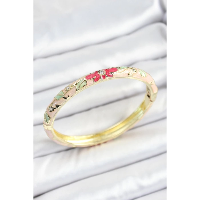 Mineli Pirinç Zirkon Taşlı Yeşil Pembe Çiçek Desenli Gold Renk Kadın Kelepçe