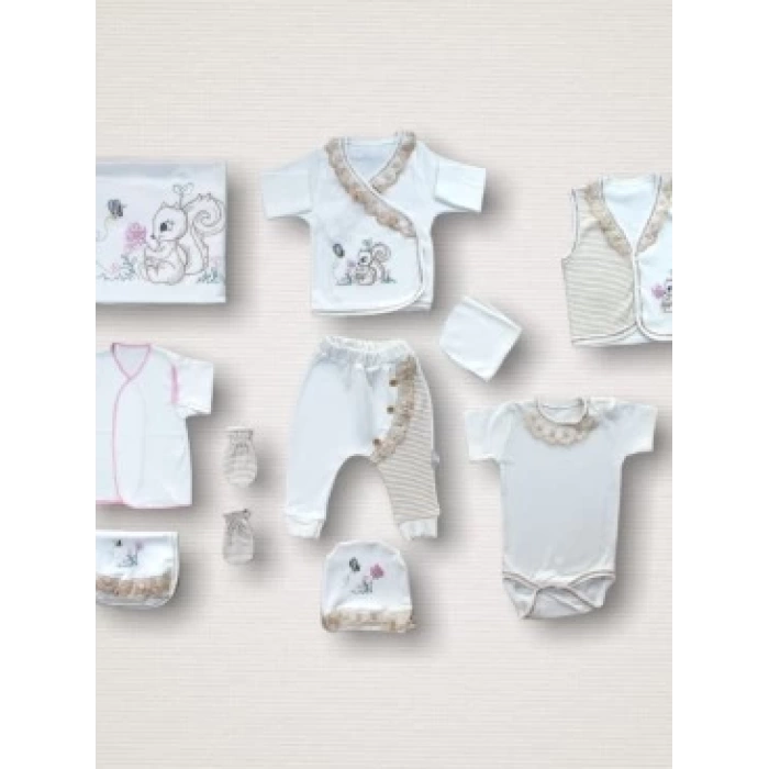 Minik Sincap Nakışlı %100 Cotton Antibakteriyel 10lu Zıbın Takımı Hastane Çıkışı
