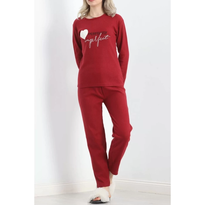 Nakışlı Fitilli Pijama Takımı Bordo - 19219.1048.