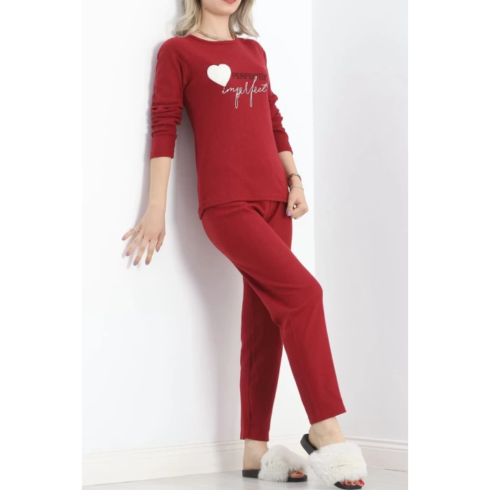 Nakışlı Fitilli Pijama Takımı Bordo - 19219.1048.