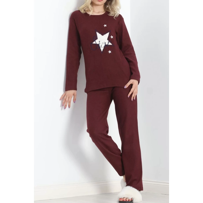 Nakışlı Fitilli Pijama Takımı Bordo1 - 19217.1048.