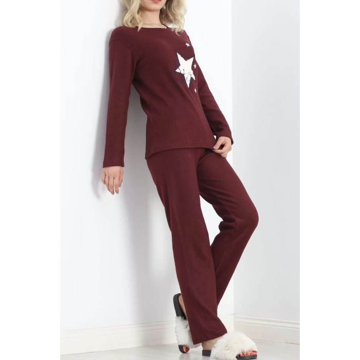 Nakışlı Fitilli Pijama Takımı Bordo1 - 19217.1048.