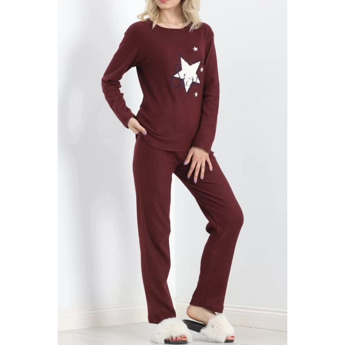 Nakışlı Fitilli Pijama Takımı Bordo1 - 19217.1048.