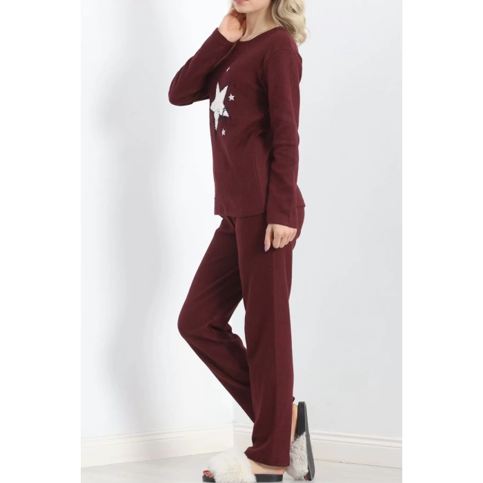 Nakışlı Fitilli Pijama Takımı Bordo1 - 19217.1048.