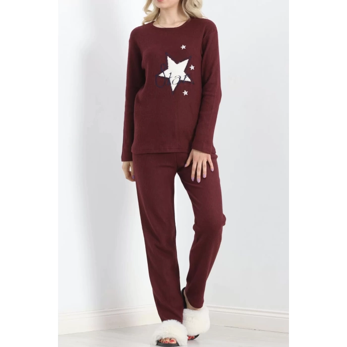 Nakışlı Fitilli Pijama Takımı Bordo1 - 19217.1048.