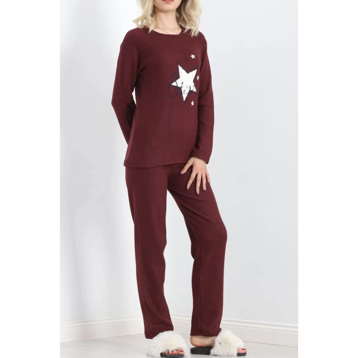 Nakışlı Fitilli Pijama Takımı Bordo1 - 19217.1048.