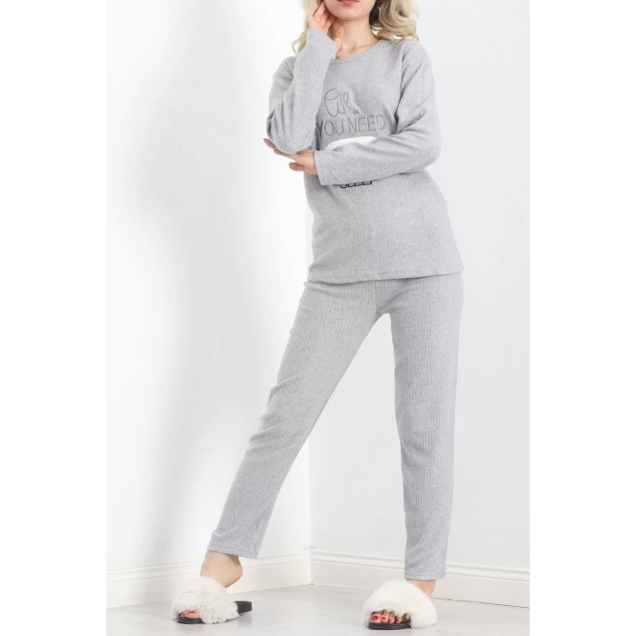 Nakışlı Fitilli Pijama Takımı Gri - 19217.1048.