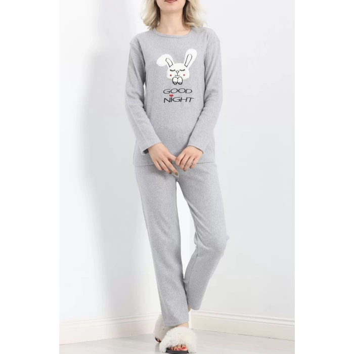 Nakışlı Fitilli Pijama Takımı Gri - 19219.1048.