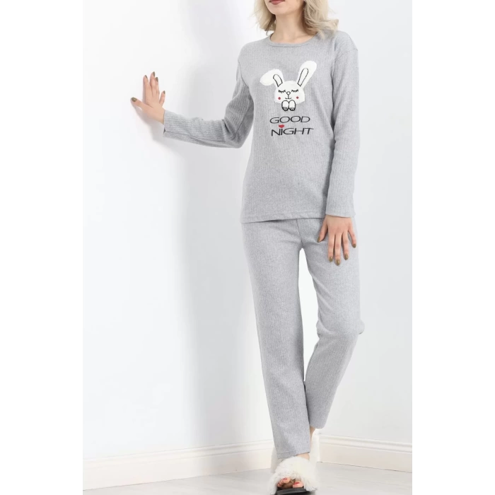 Nakışlı Fitilli Pijama Takımı Gri - 19219.1048.